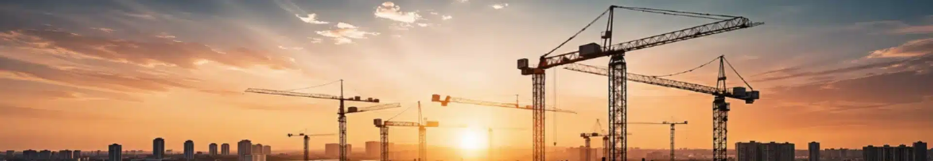 Panoramic view of multiple tower cranes silhouetted against a warm orange sunset, with a city skyline along the horizon and a large construction crane dominating the right side.